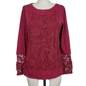 Sundance Top S Burgundy Red Knit Embroidered‎ Lace Long Sleeve Boho Pullover